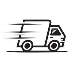Stylized black and white graphic illustration of a delivery truck in motion with speed lines indicating fast service