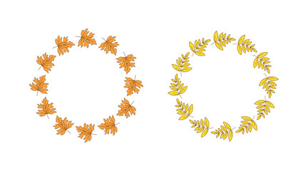 Round frame set autumn leaves. Banner, wreath, leaf fall, drawings, doodle illustration. Maple leaf and rowan. Natural botanical background with space for text.