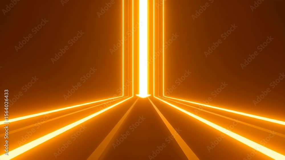 Poster glowing orange neon lines abstract background - bright orange neon lines converge towards a central,