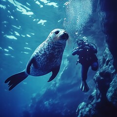 Blue water meeting between diver and smiling dolphin high resolution picture