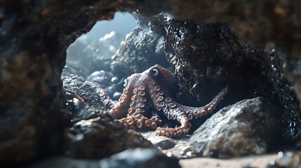 Camouflaged octopus resting in sea cave cracks and crevices high resolution picture