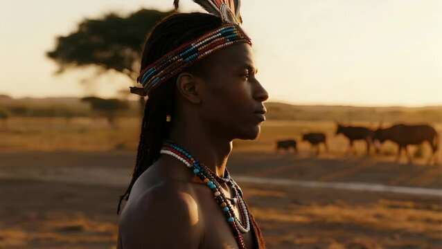 Hombre zulú caminando por la sabana africana