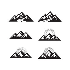 Collection of stylized black and white mountain range icons with winding paths and sunbursts on a white background