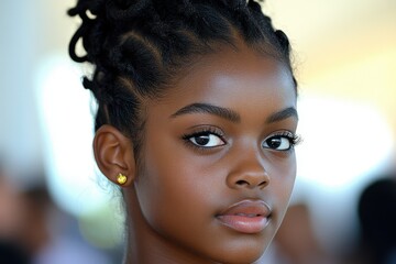 Portrait of a young person with intricately braided hair, a golden earring, and flawless skin. Soft lighting enhances natural beauty.