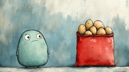 A cartoonish character is looking at a red bag of eggs