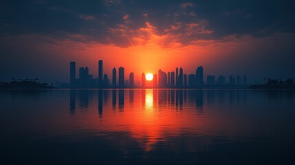 Fototapeta premium Silhouette cityscape at fiery sunset reflecting on still water