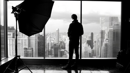 Monochrome cityscape gazing: A person stands by a large window overlooking a sprawling metropolis, with photography equipment nearby.
