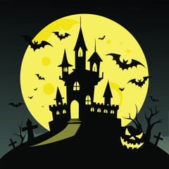 Spooky Halloween haunted house on a hill with bats and pumpkins under a full moon, a scary cartoon vector illustration