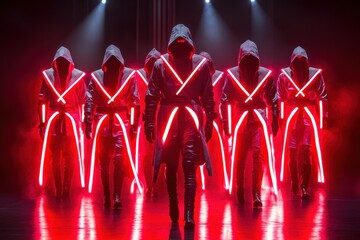 Mysterious figures in hooded cloaks adorned with glowing red crosses emerge from a dark stage, bathed in intense red light.