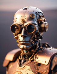 Fototapeta premium Steampunk Cybernetic Portrait of a Humanlike Robot with Goggles and Bronze Gears – High-Detail Sci-Fi Character Design