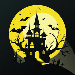 
Spooky Halloween haunted house on a hill with bats and pumpkins under a full moon, a scary cartoon vector illustration