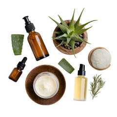Naklejka premium A flat lay of natural skincare products like aloe vera gel, essential oils, and organic moisturizers, isolated on a white background.