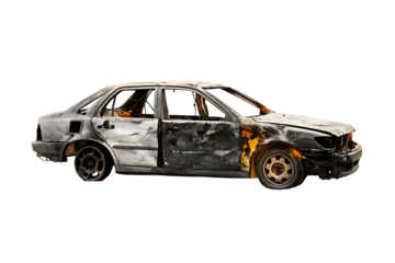 Burned out car wreck isolated on a white background png ai generated