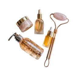 A luxurious skincare flat lay with rose quartz roller, cleansing oils, and moisturizers for radiant...