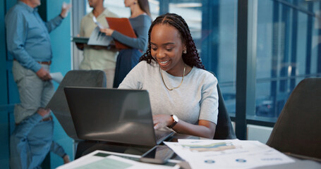 Office, laptop and woman with documents, smile and accountant for financial report and graphs....