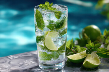 Refreshing lime and mint cocktail served in a clear glass by the poolside in summer