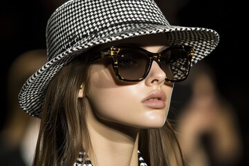 Stylish woman in checkered hat and sunglasses. Chic accessory ensemble for a fashionable look.