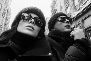 Stylish couple in sunglasses and winter hats, standing in a city street, captured in a low-angle, black and white photograph.