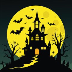 
Spooky Halloween haunted house on a hill with bats and pumpkins under a full moon, a scary cartoon vector illustration
