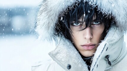Winter Portrait: Focused gaze amidst snowy landscape, hooded coat frames the face, emphasizing striking features in a serene winter scene.