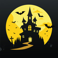 
Spooky Halloween haunted house on a hill with bats and pumpkins under a full moon, a scary cartoon vector illustration