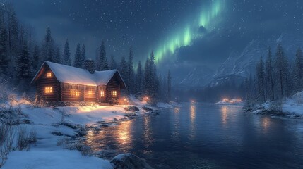 Fototapeta premium Snowy cabin by a lake at night, aurora borealis