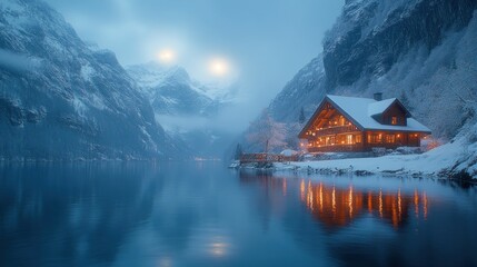 Fototapeta premium Snowy chalet by a lake at night