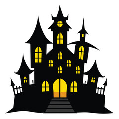 
Spooky Halloween haunted house on a hill with bats and pumpkins under a full moon, a scary cartoon vector illustration