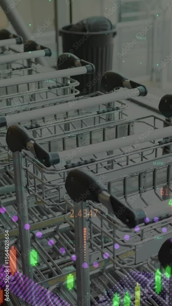 Poster animation of statistics and financial data processing over shopping trolleys
