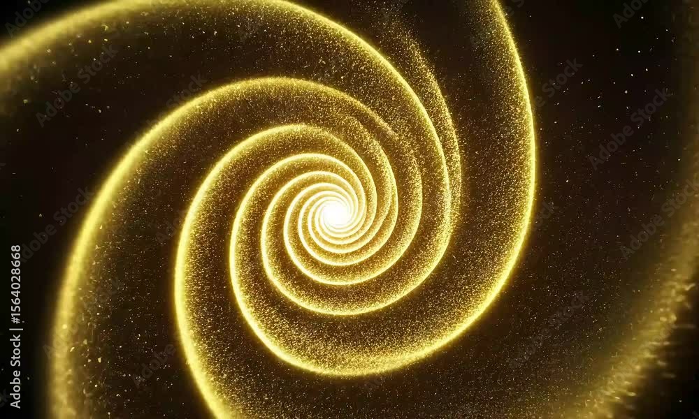 Poster golden spiral tunnel abstract animation with sparkling particles and bright light on dark background