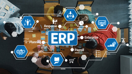 A group of professionals collaborates on an ERP software implementation, focusing on planning,...
