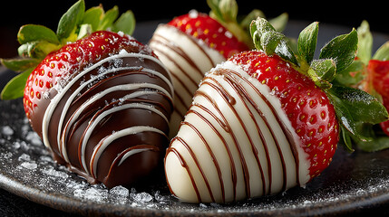 Chocolate-covered strawberries with a white drizzle, close-up.
