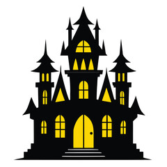 
Spooky Halloween haunted house on a hill with bats and pumpkins under a full moon, a scary cartoon vector illustration