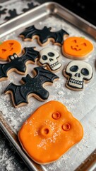 Halloween themed decorated cookies with bats and skulls on a baking tray