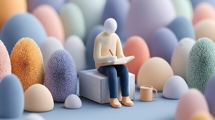 Minimalist 3D Floating People in Work and Productivity Situations, Pastel Colors, Clean Modern Background, Perfect for Stock and Digital Projects. creative stock, digital career, tech environment, off