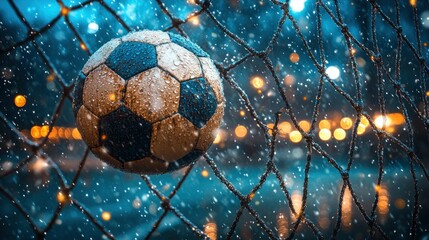 Soccer ball in net, snowy night