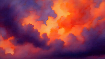 A watercolor painting of an abstract sunset sky featuring bold orange and purple colors