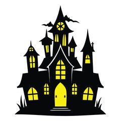 
Spooky Halloween haunted house on a hill with bats and pumpkins under a full moon, a scary cartoon vector illustration