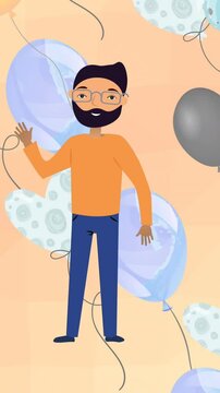 Animation of illustration of happy bearded man waving, with balloons on peach background