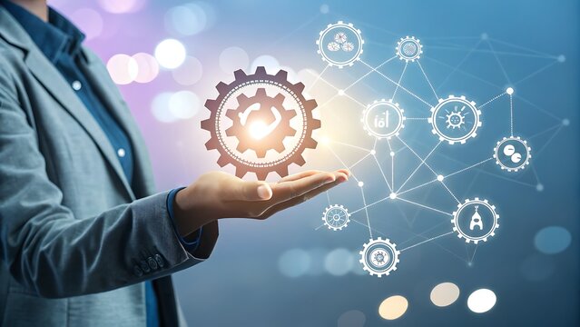 Photo of a person holds a glowing gear in their hand, representing the interconnectedness of business processes and technological innovation - Powered by Adobe