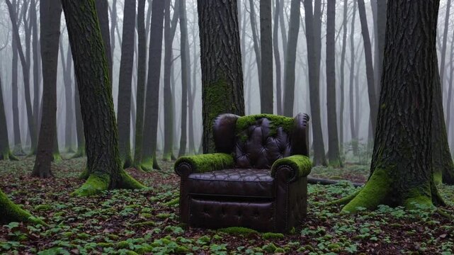 Fauteuil abandonn&eacute; recouvert de mousse dans une for&ecirc;t