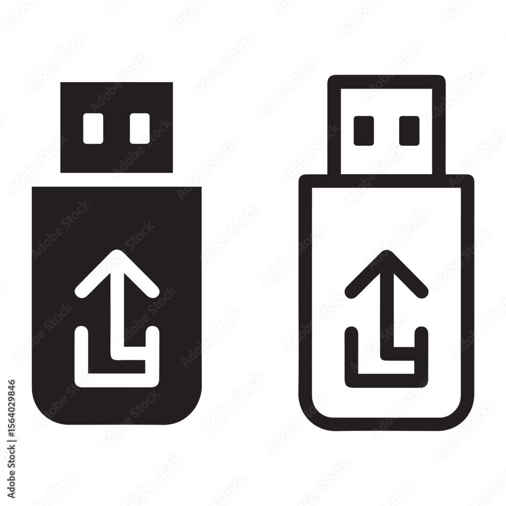 Fototapete two simple icons representing a usb flash drive with an upload arrow symbol in both solid black and 