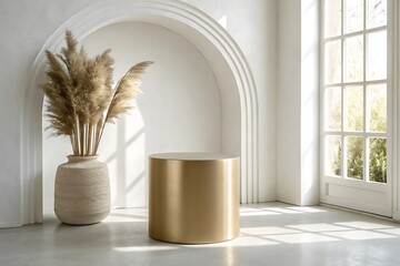 "Modern Minimalist Interior with Pampas Grass and Gold Accent Table in Sunlit Arch Niche"

