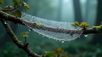  A close-up image of raindrops on a spider web stretched between two branches, each droplet sparkling with natural light and reflections of the forest -
