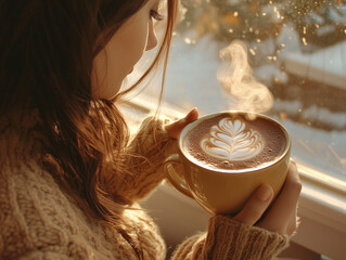 Woman Enjoying Steaming Coffee by a Sunny Window