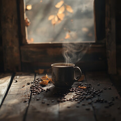 Steaming Coffee on a Rustic Wooden Table by a Window