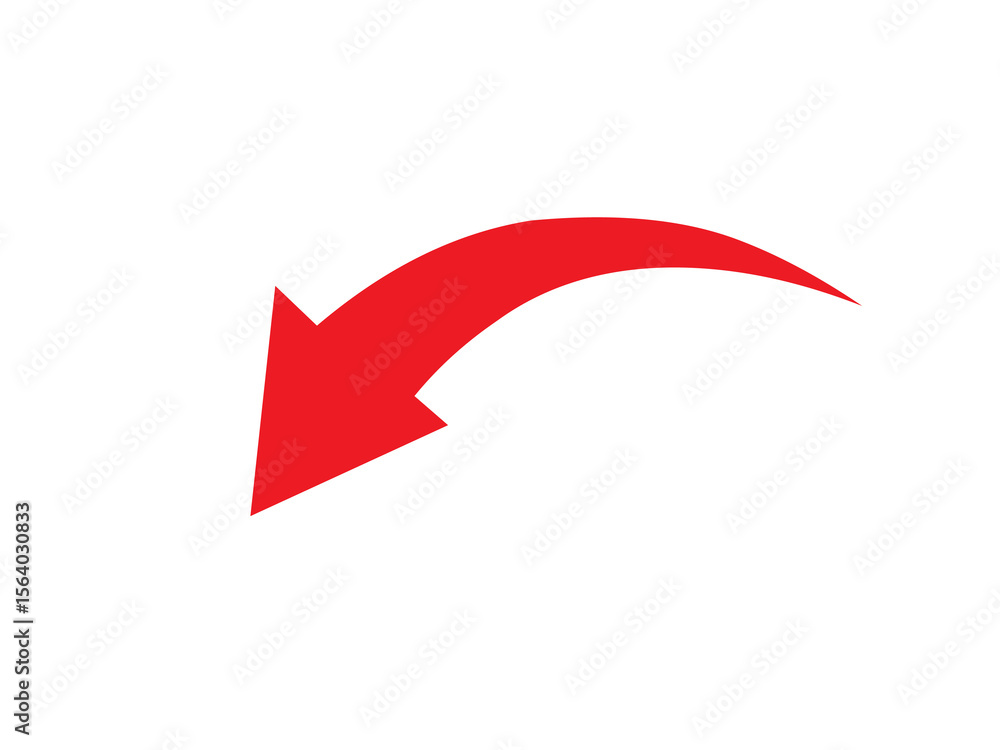 Poster a single red curved arrow pointing downwards and to the left isolated on white background