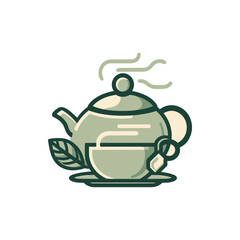 Vintage teapot with steam rising, accompanied by a tea bag and leaves on a plate