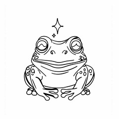 Happy magic  frog illustration, line art, black and white, for kids books
