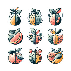 Colorful geometric fruit illustrations showcasing various shapes and designs with leaves